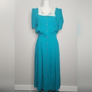 Vintage Teal Lace Collar Midi Dress 80s 90s Blouson Pleated Retro Style